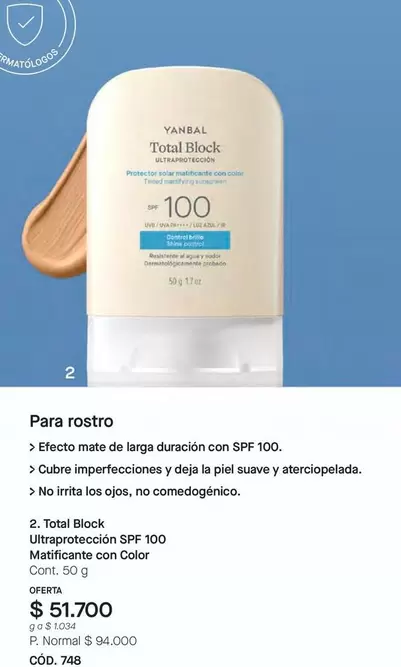 Yanbal - Total Block Ultraprotección SPF 100 Matificante con Color