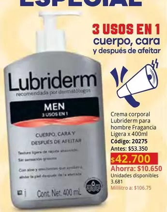 Lubriderm - MEN 3 USOS EN 1 Cuerpo, Cara y Despu0s de Afeitar
