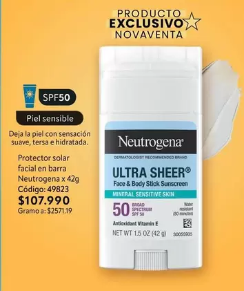 Neutrogena - Protector solar facial en barra Ultra Sheer, Código: 49823