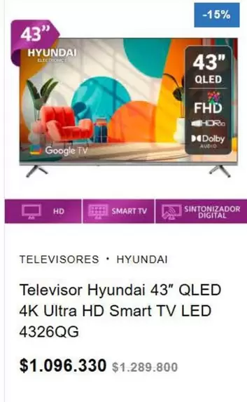 Hyundai - Televisor 43" QLED 4K Ultra HD Smart TV LED 4326QG