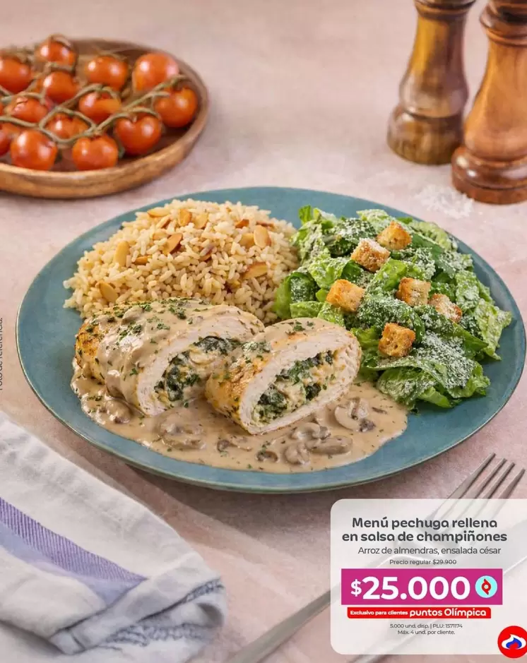 Menú - pechuga rellena en salsa de champiñones