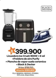 Black & Decker - Licuadora Ice Crush 900W + 8 Vel + Freidora De Aire Purify + Plancha De Vapor Suela Ceramica