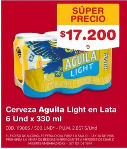 Águila - Cerveza Aguila Light en Lata 6 Und x 330 ml
