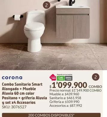 Corona - Combo Sanitario Smart Alongado + Mueble Aluvia 60 Cm Color Positano + Grifería Aluvia Y Set X4 Accesorios