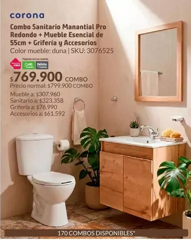 Corona - Combo Sanitario Manantial Pro Redondo + Mueble Esencial + Griferia Y Accesorios