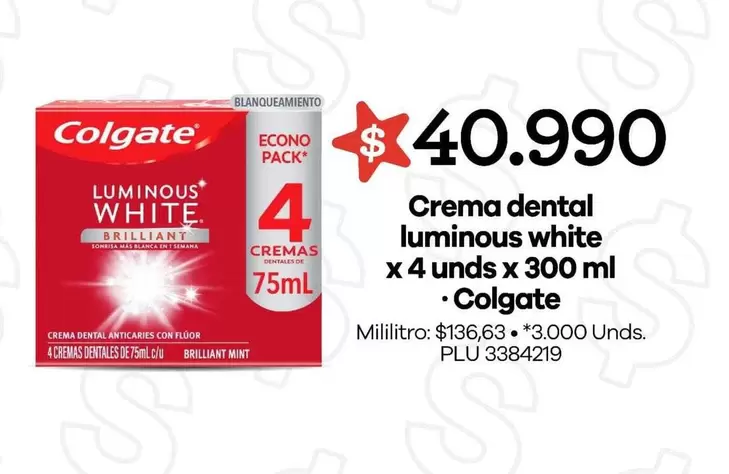 Colgate - Crema dental luminous white x 4 unds