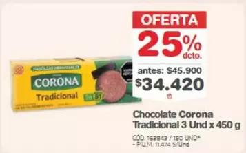 Corona - Chocolate Tradicional 3 Und x 450 g