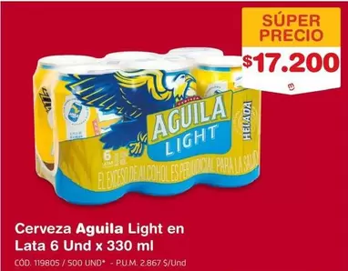 Águila - Cerveza Aguila Light en Lata 6 Und x 330 ml