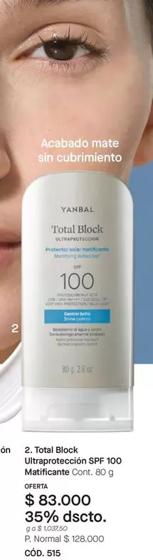 Yanbal - Total Block Ultraprotección SPF 100 Matificante