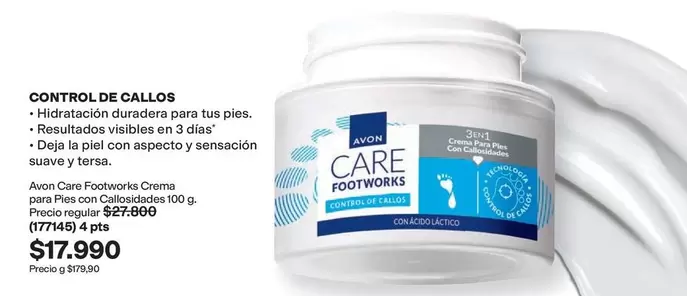 Avon - CONTROL DE CALLOS Hidratación duradera para tus pies. Resultados visibles en 3 dias Deja la piel con aspecto y sensación suave y tersa.  Care Footworks Crema para Pies con Callosidades 100 g (177145) 4 pts