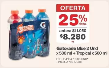 Gatorade - Blue 2 Un x 500 ml + Tropical x 500 ml