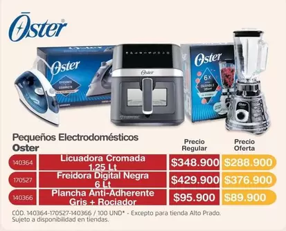 Oster - Licuadora Cromada 1.25 Lt; Freidora Digital Negra 6 Lt; Plancha Anti-Adherente Gris + Rocador