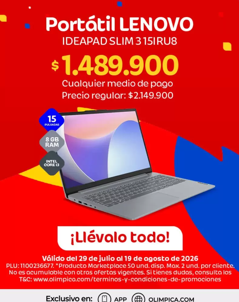 Lenovo - Portátil IDEAPAD SLIM 3 15IRU8