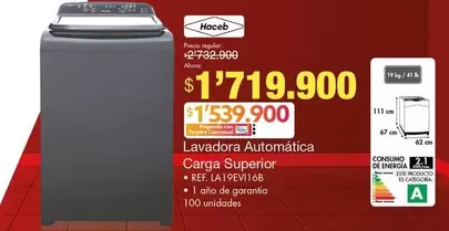 Haceb - Lavadora Automática Carga Superior LA19EVI16B