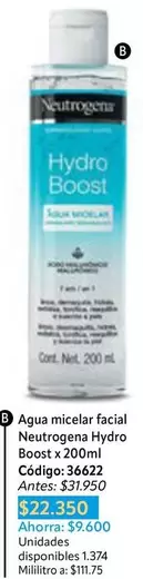 Neutrogena - Agua micelar facial Hydro Boost x 200ml Código: 36622