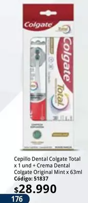 Colgate - Cepillo Dental Total x 1 und + Crema Dental  Original Mint x 63ml Código: 51837