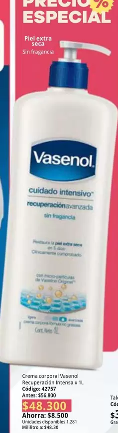 Vasenol - Crema corporal 
Restauración Intensa x 1L