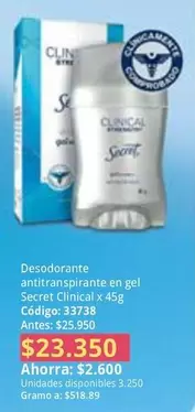 Desodorante antitranspirante en gel Secret Clinical x 45g Código: 33738