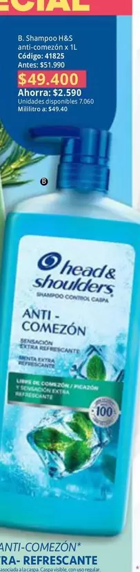Head & Shoulders - Shampoo H&S Anti-Comezón + 1 L. Codigo: 41823