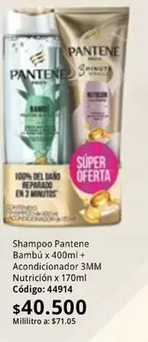 Pantene - Shampoo Bambú x 400ml + Acondicionador 3MM Nutrición x 170ml Código: 44914