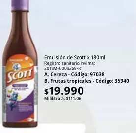 Scott - Emulsión de x 180ml A. Cereza - Código: 97038, B. Frutas tropicales - Código: 35940
