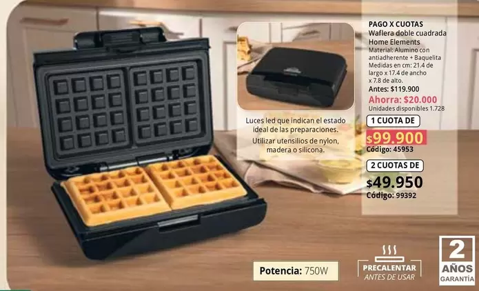 Home Elements - Wafflera doble cuadrada