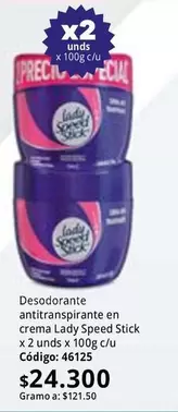 Lady Speed Stick - Desodorante antitranspirante en crema x2 unds x 100g c/u