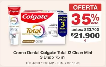 Colgate - Crema Dental Total 12 Clean Mint 3 Und x 75 ml