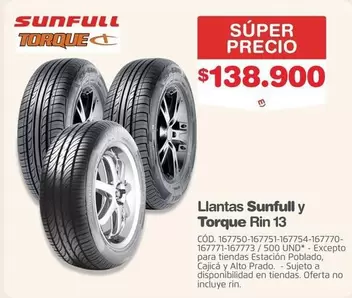 Sunfull - Llanta y Torque Rin 13