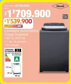 Haceb - Lavadora Automática Carga Superior REF. 1A19EV116B