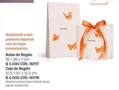 especial - Bolsa de Regalo 18 x 26 x 7 cm CÓD. 60117, Caja de Regalo 12.5 x 9.1 x 12.5 cm CÓD. 60119