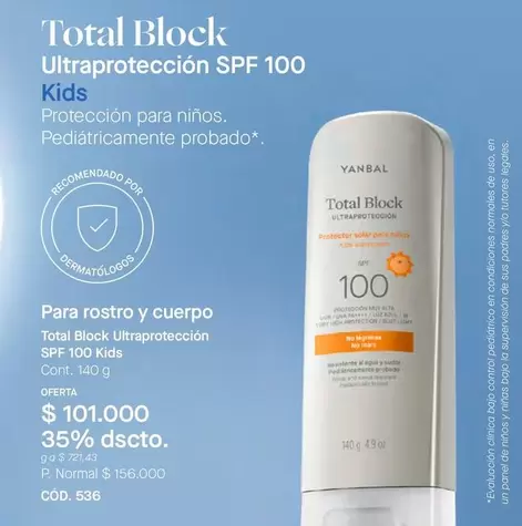 Yanbal - Total Block Ultraprotección SPF 100 Kids