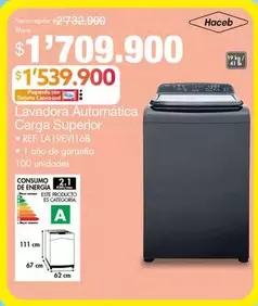 Haceb - Lavadora Automática Carga Superior REF. LA19EV116B