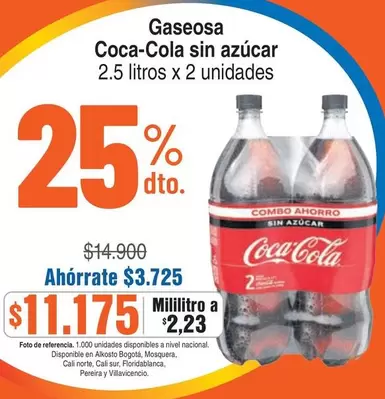Coca Cola - Gaseosa sin azúcar 2.5 litros x 2 unidades