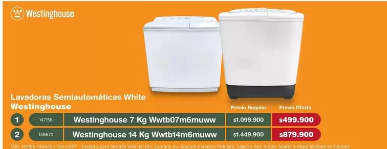 Westinghouse - Lavadoras Semiautomáticas White 7 Kg Wwbt07m6mww / 14 Kg Wwbt14m6mwww