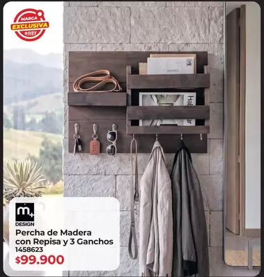 M+ Design - Percha De Madera Con Repisa Y 3 Ganchos