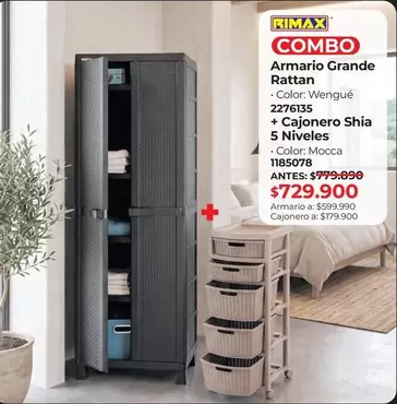 Rimax - Armario Grande Rattan + Cajonero Shia 5 Niveles
