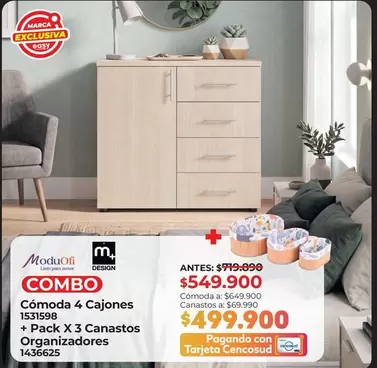 ModuOfi - Cómoda 4 Cajones + Pack X3 Canastos Organizadores