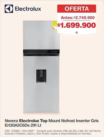 Electrolux - Nevara Top Mount Nofrost Inverter Gris Ert30A3C6Ds 291 Lt