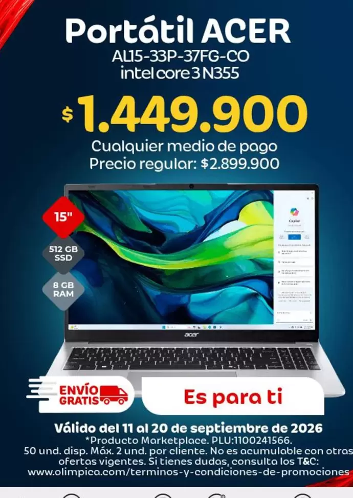 Acer - Portátil AL15-33P-37FG-CO intel core i3 N355