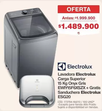 Electrolux - Lavadora Carga Superior 15 Kg Onyx Gris EWIY15F6XSZX + Gratis Sanduchera ESG20