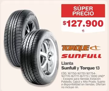Sunfull - Llanta y Torque 13 CÓD. 167750-167751-167754-167770-167771-167773 / 1000 UND