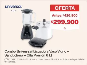 Universal - Combo Licuadora Vaso Vidrio + Sanduchera + Olla Presión 6 Lt
