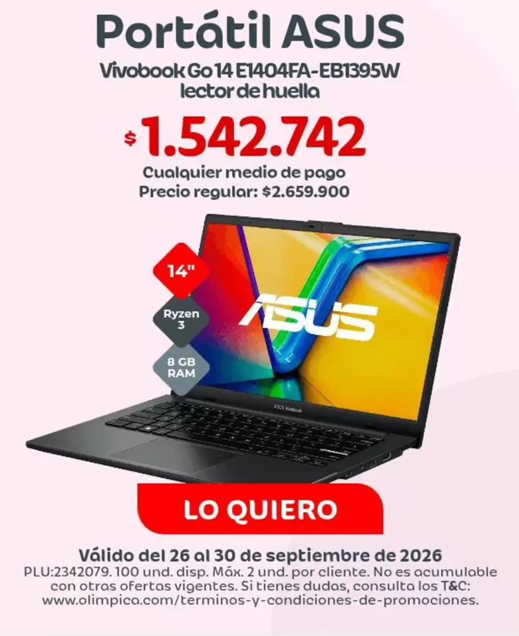 Asus - Portátil Vivobook Go 14 E1404FA-EB1395W lector de huella