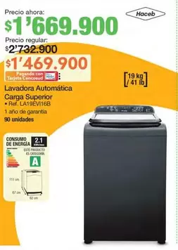 Haceb - Lavadora Automática Carga Superior