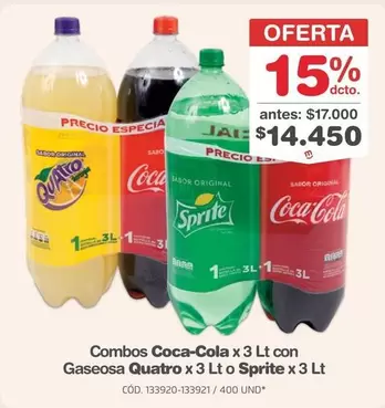 Coca Cola - Coca-Cola x 3 Lt con Gaseosa Quatro x 3 Lt o Sprite x 3 Lt