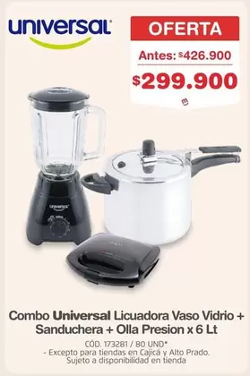 Universal - Combo Licuadora Vaso Vidrio + Sanduchera + Olla Presion x 6 Lt