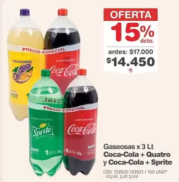 Coca Cola - Gaseosas x 3 Lt Coca-Cola + Quatro + Coca-Cola + Sprite