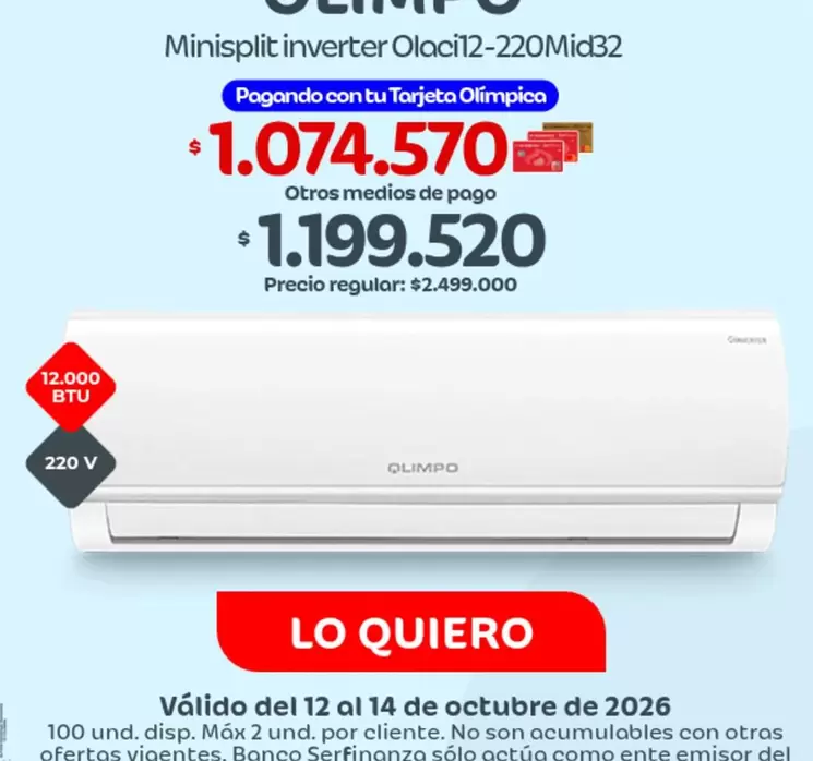 Olimpo - Minisplit inverter Olaci12-220Mid32