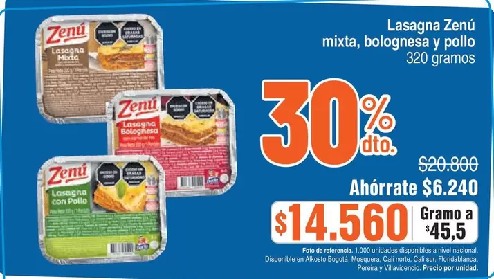 Zenú - Lasagna mixta, bolognesa y pollo